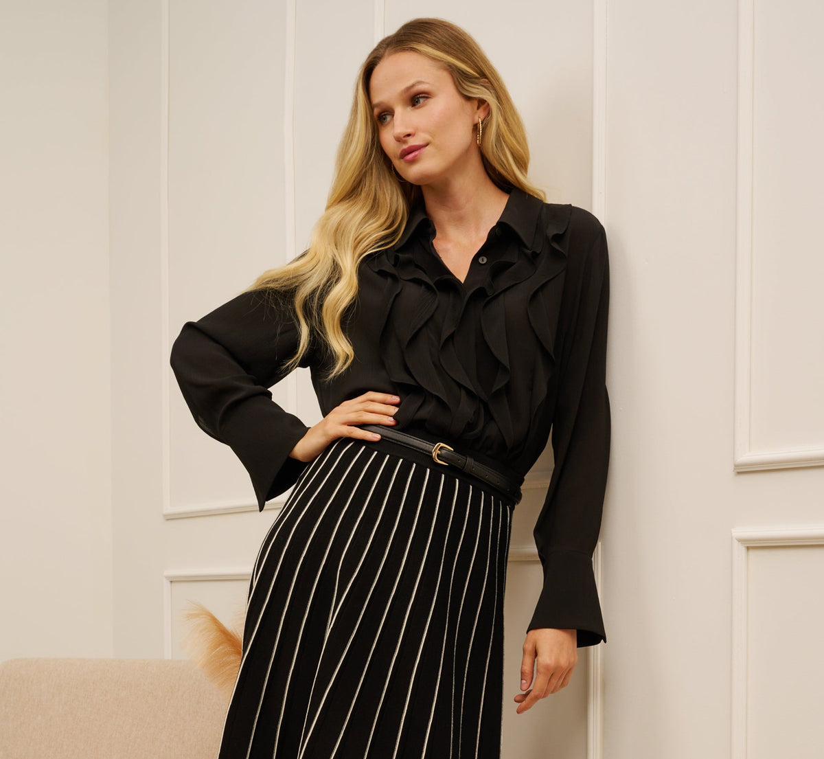 Long Sleeve Sheer Ruffle Front Blouse In Black