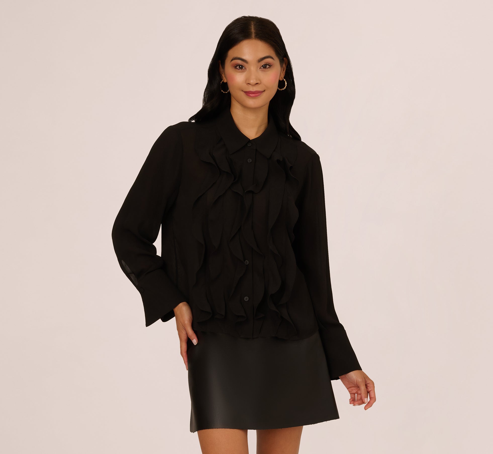 Long Sleeve Sheer Ruffle Front Blouse In Black