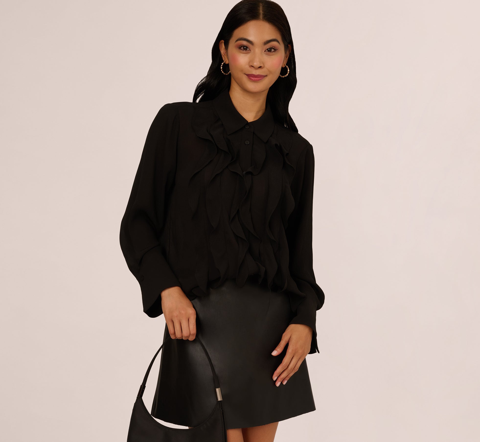 Long Sleeve Sheer Ruffle Front Blouse In Black