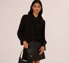 Long Sleeve Sheer Ruffle Front Blouse In Black