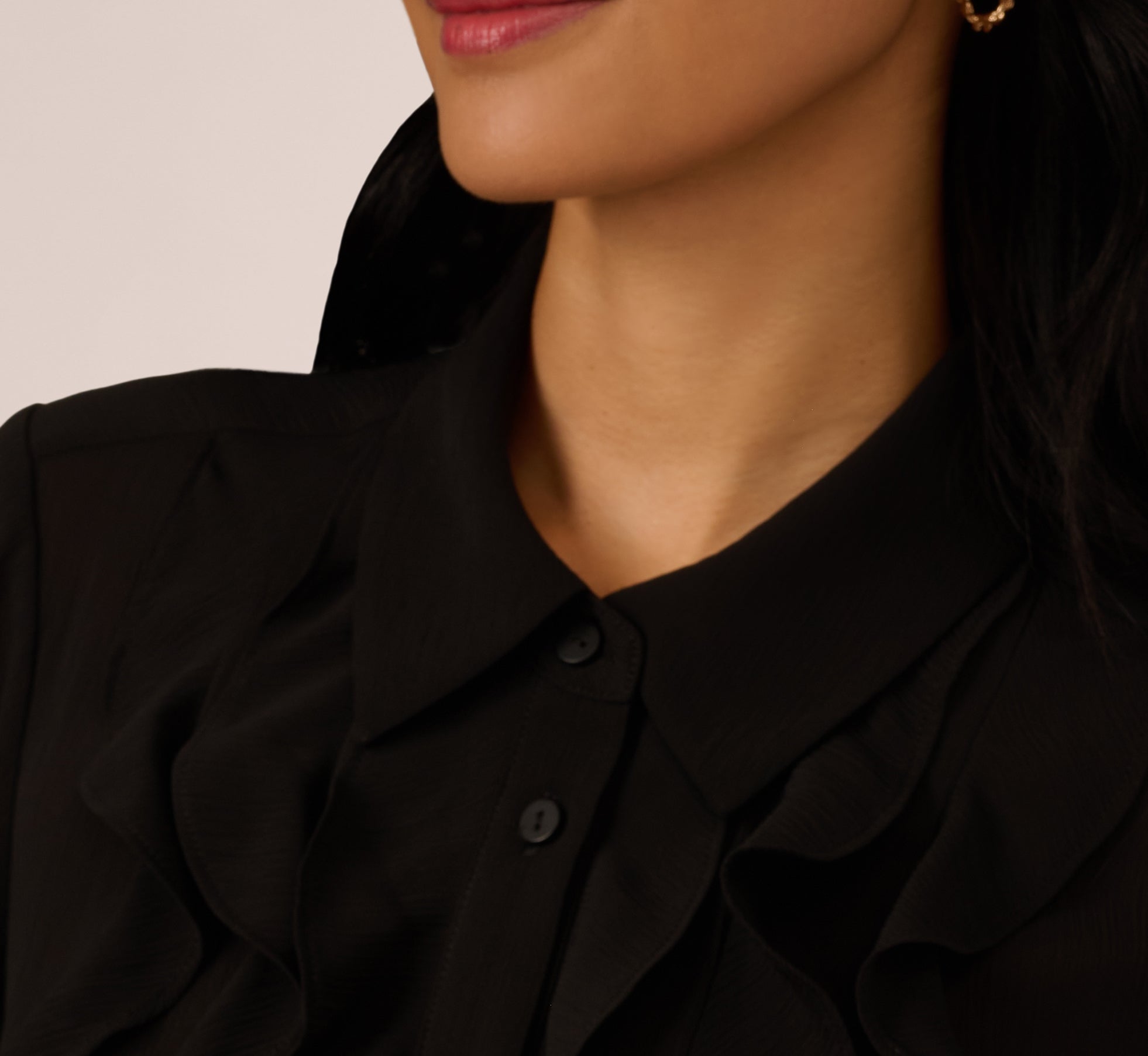 Long Sleeve Sheer Ruffle Front Blouse In Black