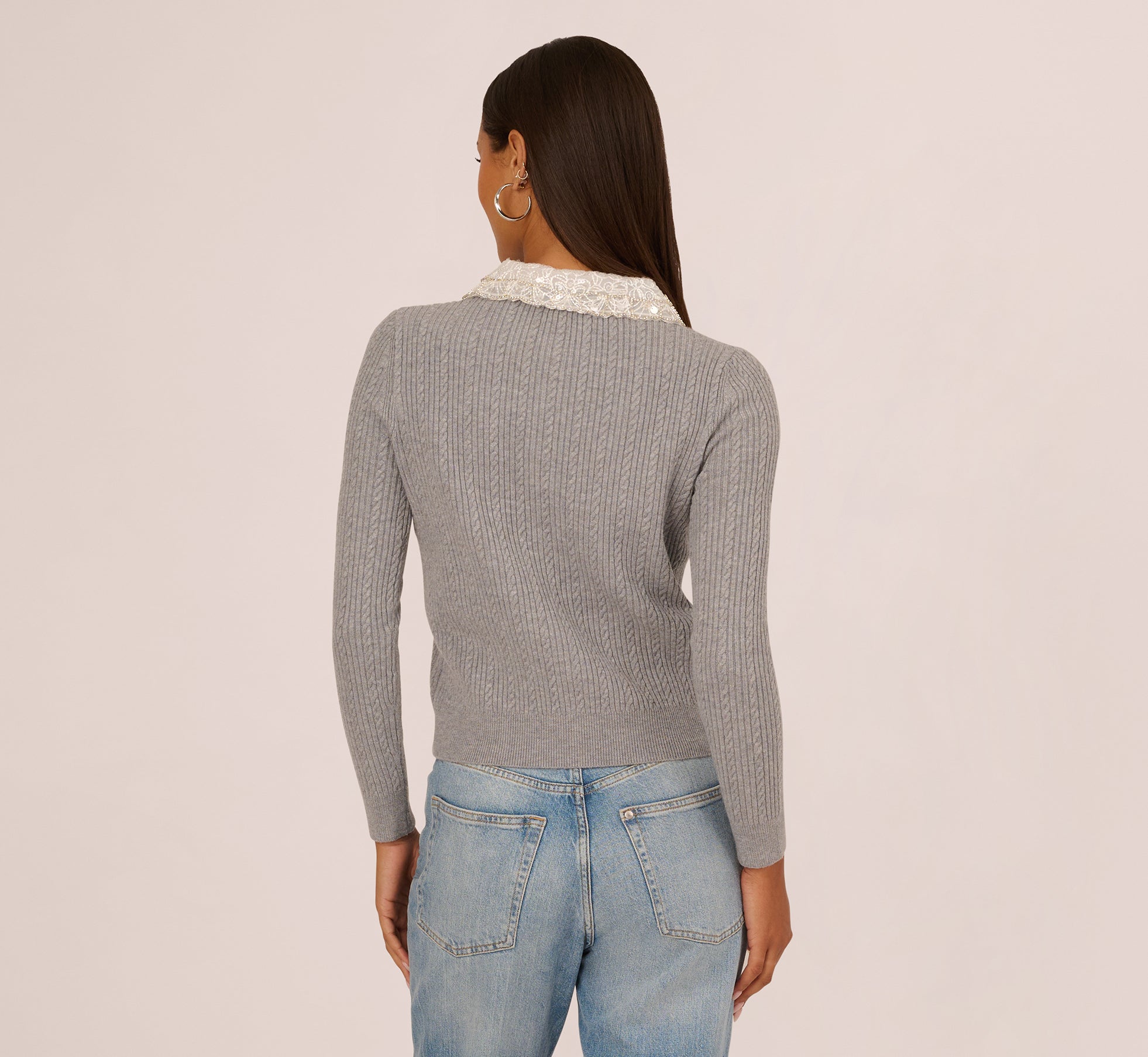 Beaded Collar Twofer Cardigan Sweater In Heather Grey