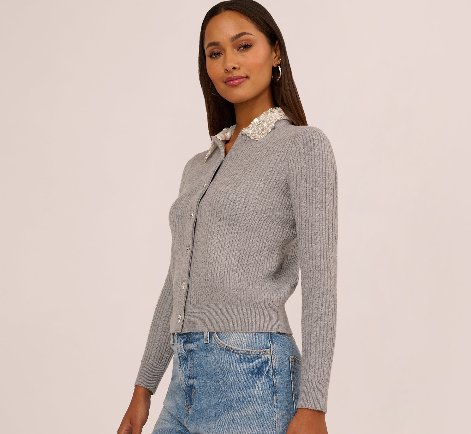 Beaded Collar Twofer Cardigan Sweater In Heather Grey