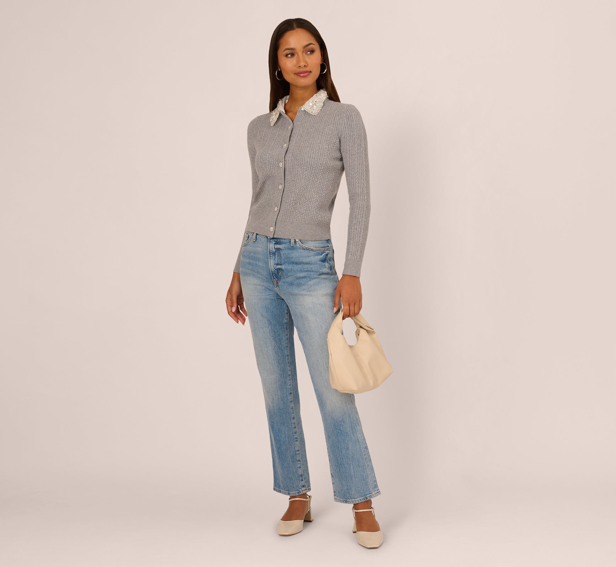 Beaded Collar Twofer Cardigan Sweater In Heather Grey