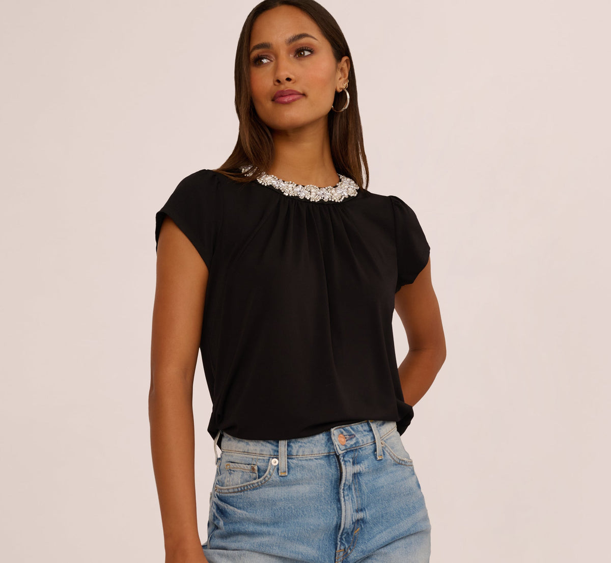 Cap Sleeve Pearly Collar Top In Black