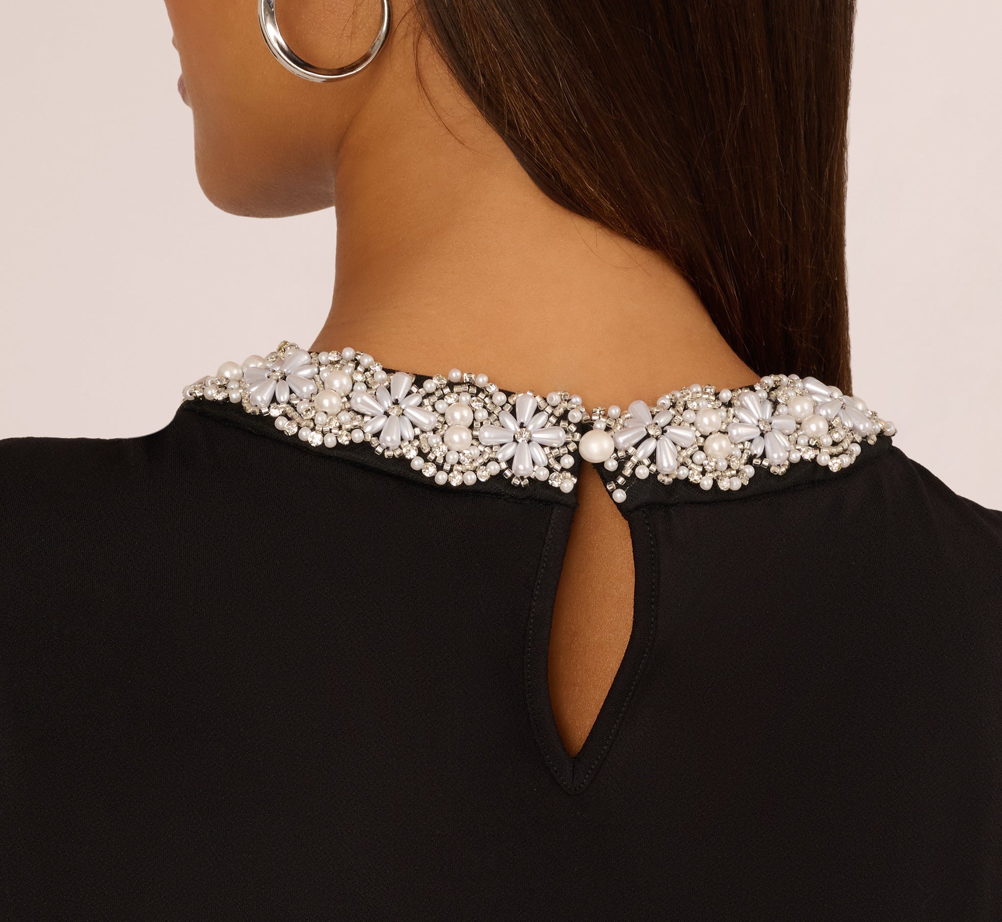 Cap Sleeve Pearly Collar Top In Black