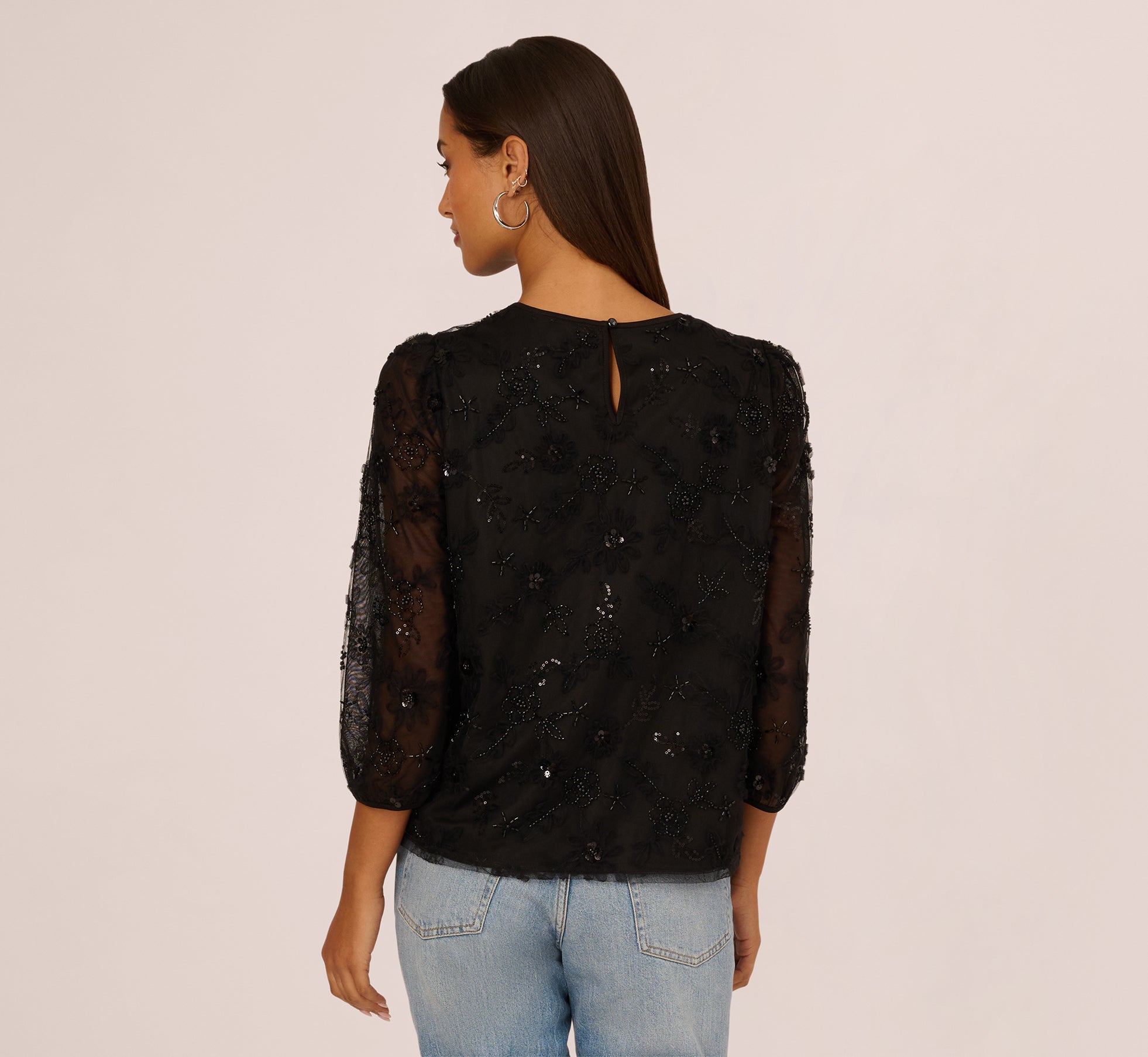 Three Quarter Sleeve Sequin Bead Top In Black