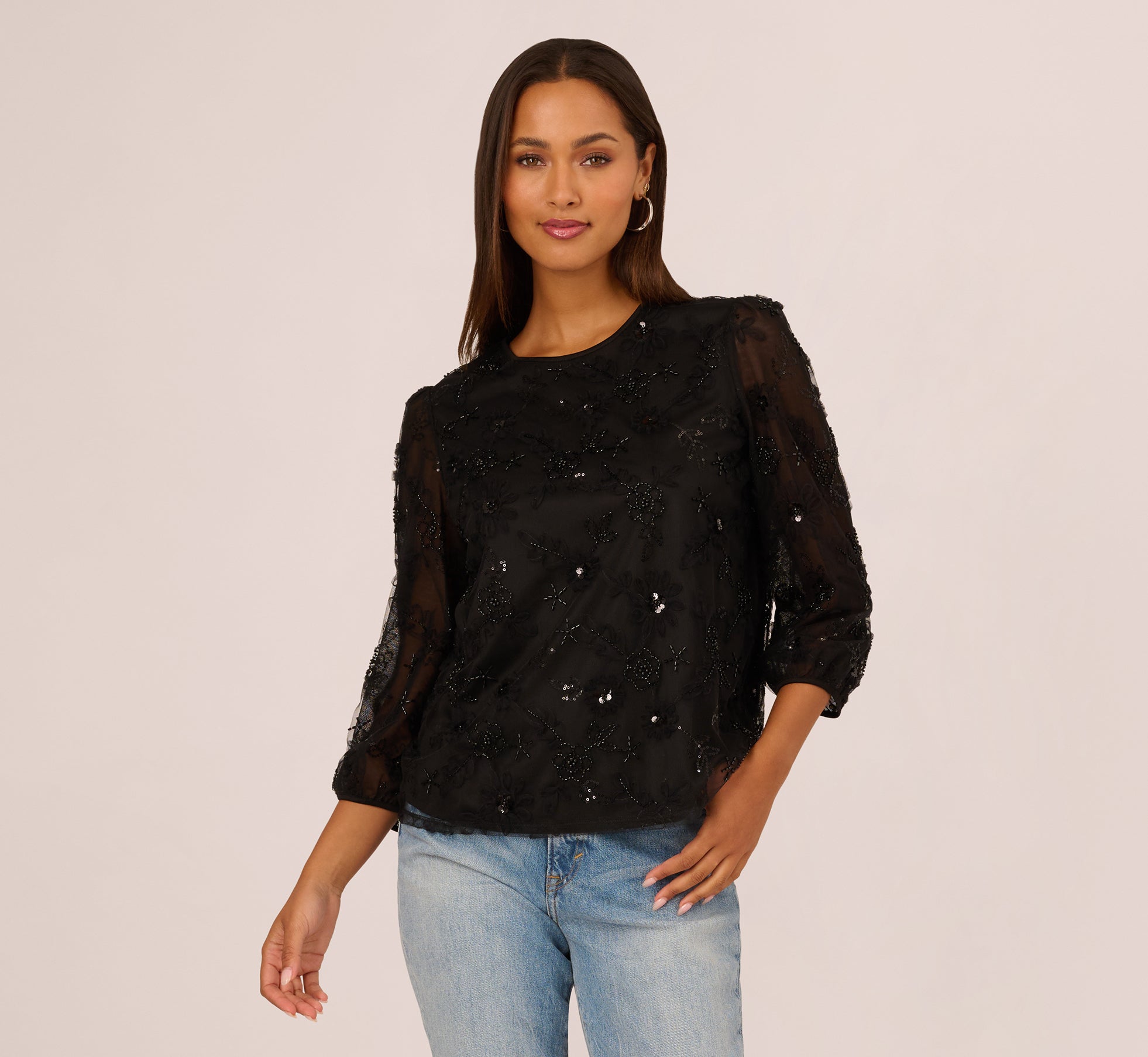 Three Quarter Sleeve Sequin Bead Top In Black