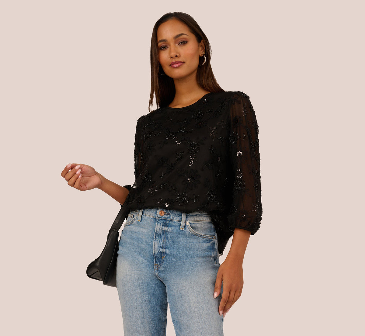 Three Quarter Sleeve Sequin Bead Top In Black