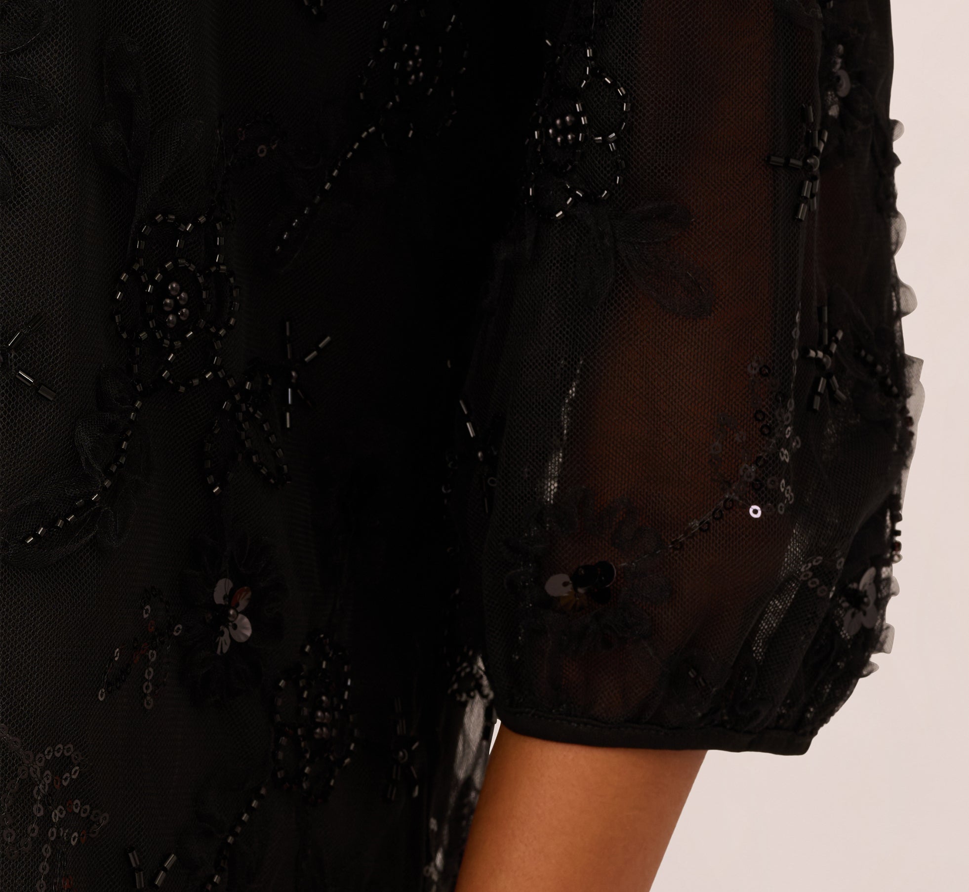 Three Quarter Sleeve Sequin Bead Top In Black