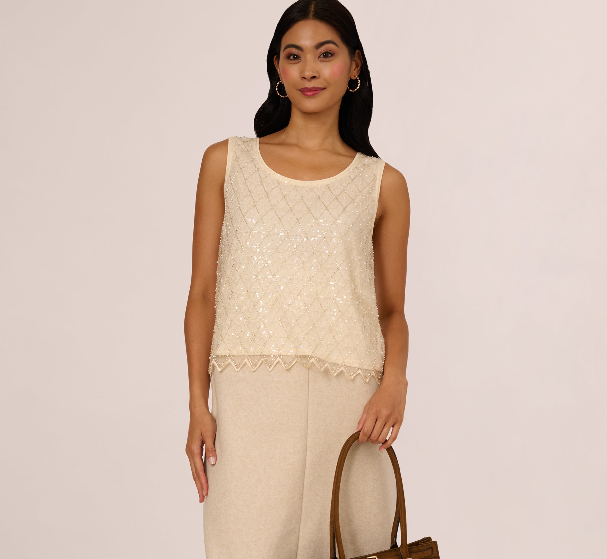 Sequin Beaded Tank Top In Almond Cream