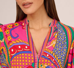 Long Sleeve Retro Printed A Line Dress In Pink Multi