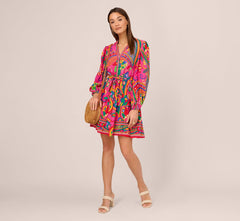 Long Sleeve Retro Printed A Line Dress In Pink Multi