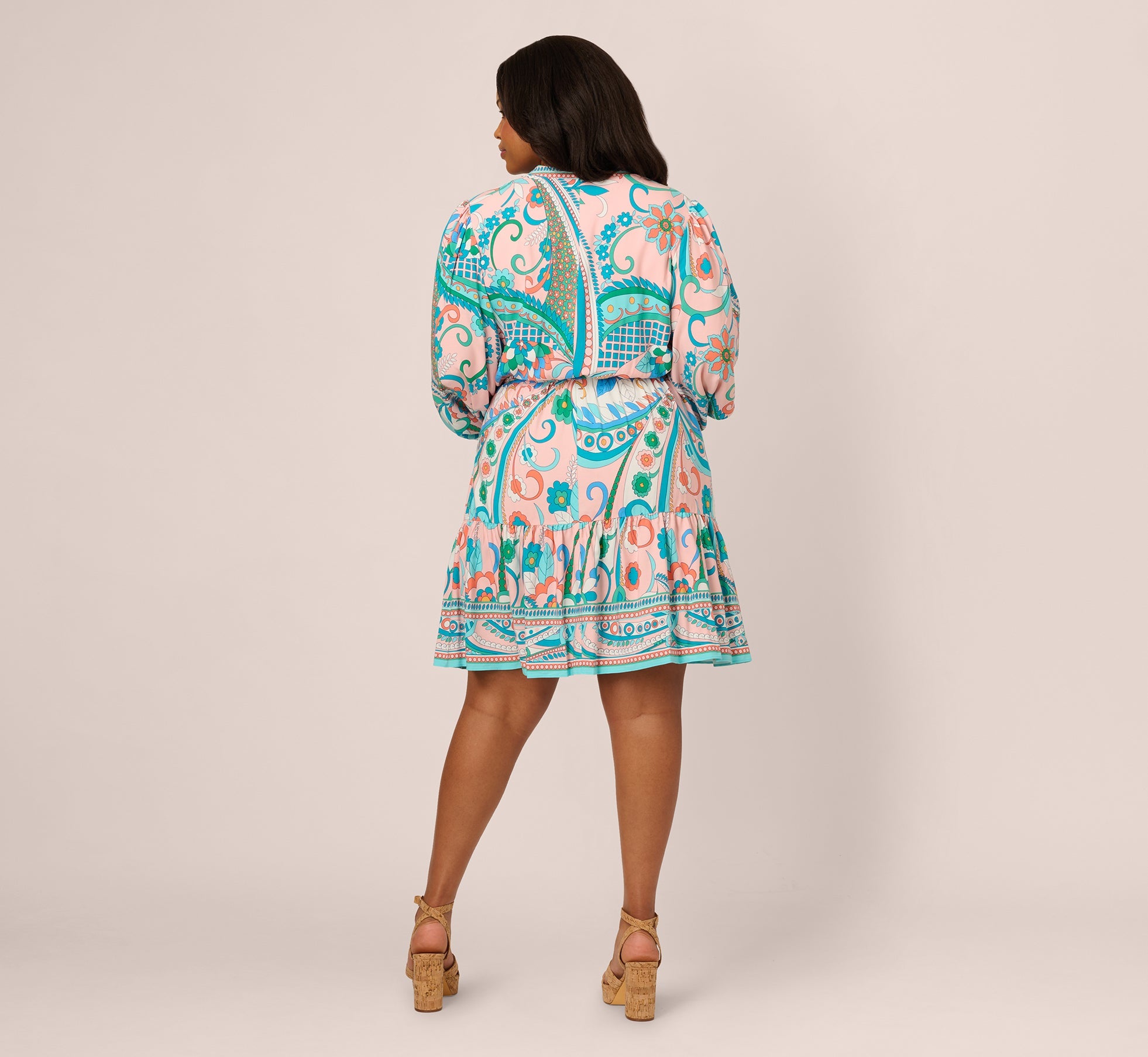 Plus Size Long Sleeve Retro Printed A Line Dress In Peach Multi