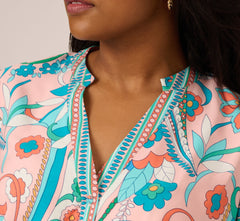 Plus Size Long Sleeve Retro Printed A Line Dress In Peach Multi