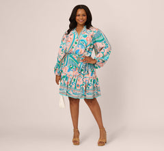 Plus Size Long Sleeve Retro Printed A Line Dress In Peach Multi