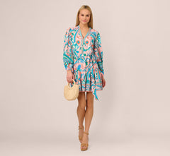 Long Sleeve Retro Printed A Line Dress In Peach Multi