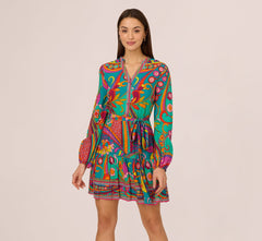 Long Sleeve Retro Printed A Line Dress In Teal Multi