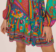 Long Sleeve Retro Printed A Line Dress In Teal Multi