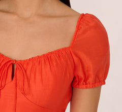 Shirred Fit And Flare Dress With Puff Short Sleeves In Orange Spice