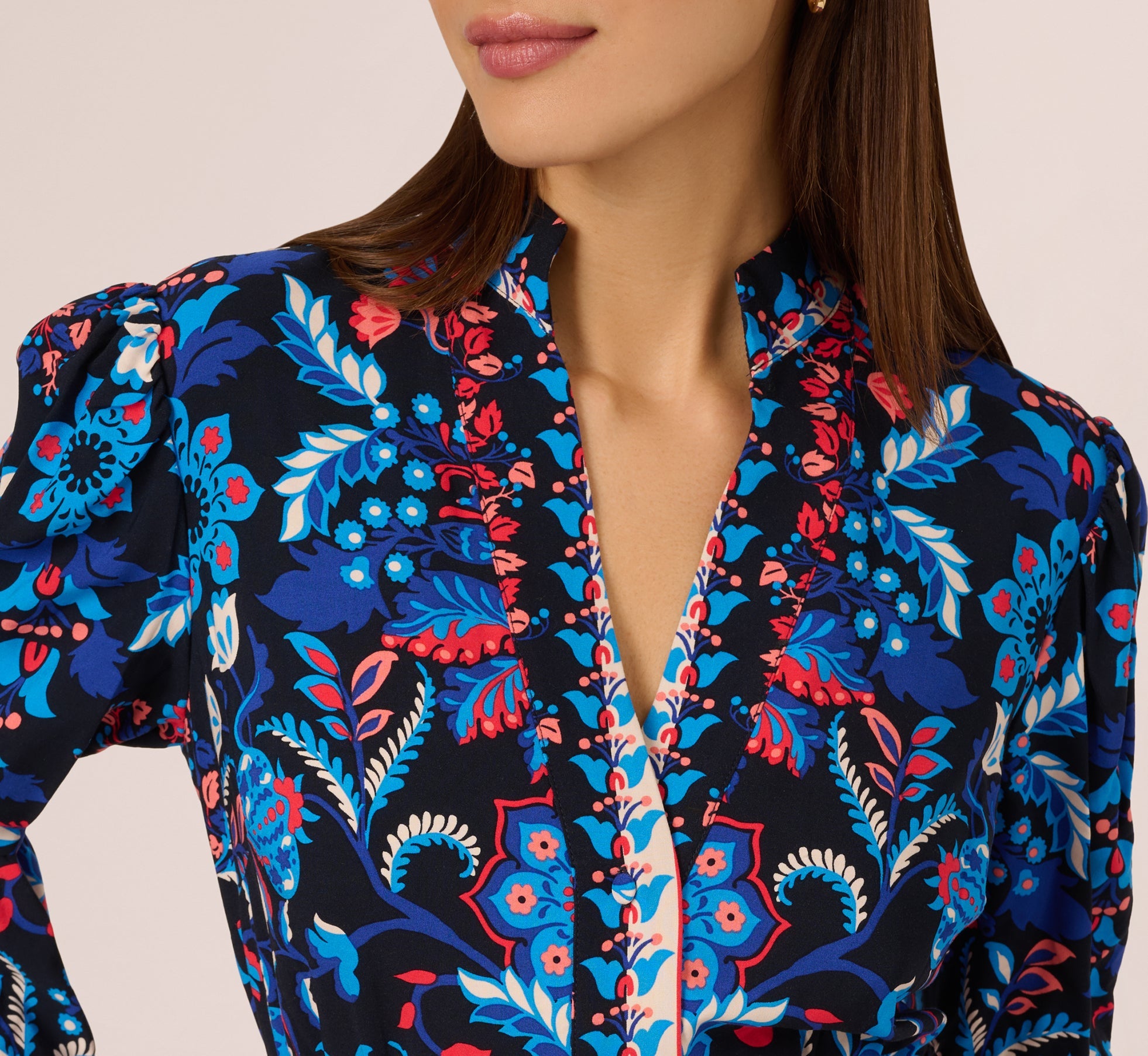 Abstract Print Button Down Dress With Three Quarter Bell Sleeves In Navy Multi