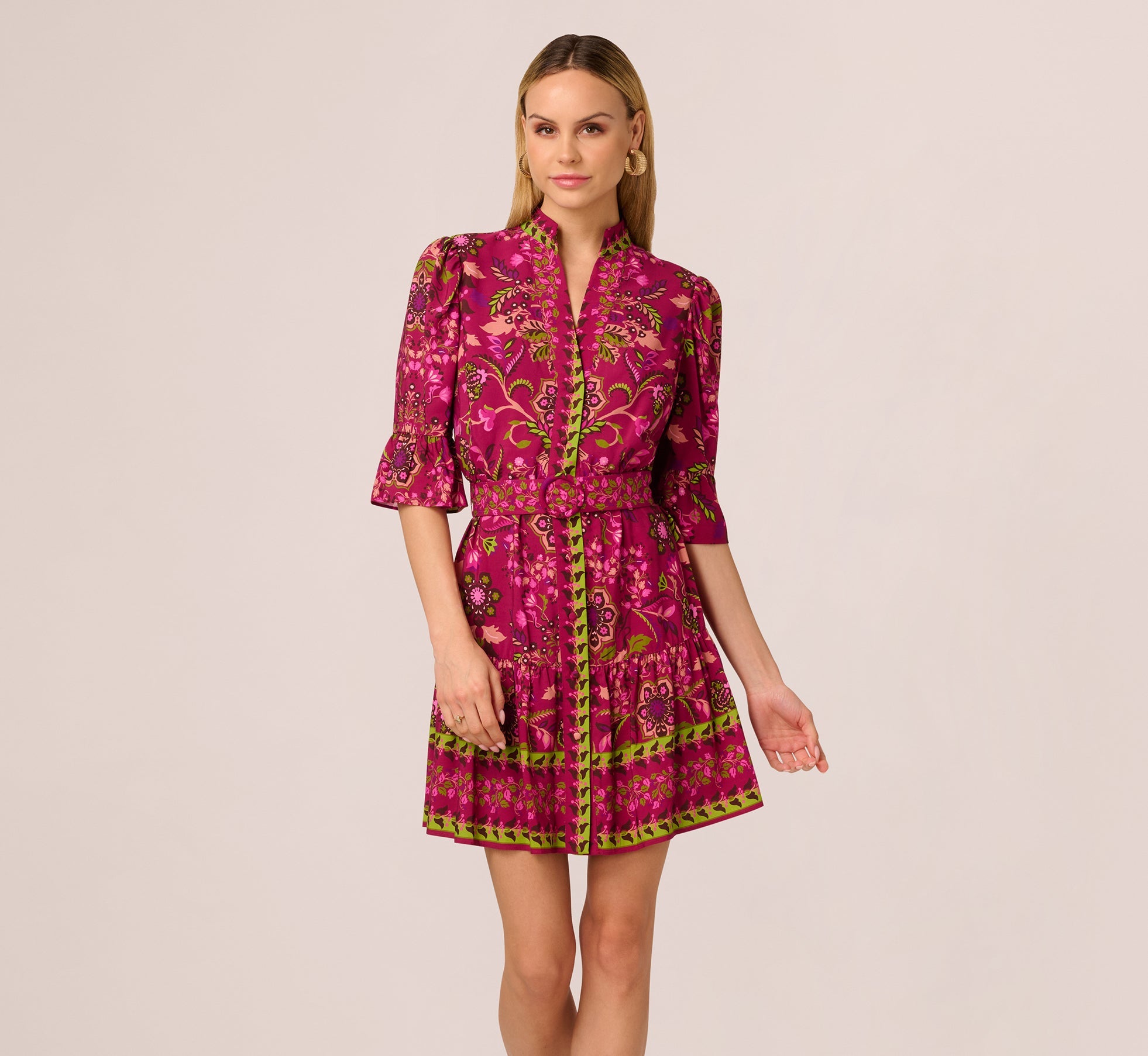 Abstract Print Button Down Dress With Three Quarter Bell Sleeves In Burgundy Multi