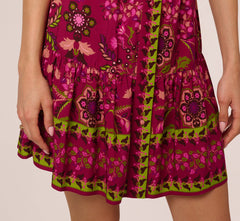 Abstract Print Button Down Dress With Three Quarter Bell Sleeves In Burgundy Multi