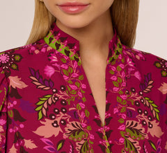 Abstract Print Button Down Dress With Three Quarter Bell Sleeves In Burgundy Multi