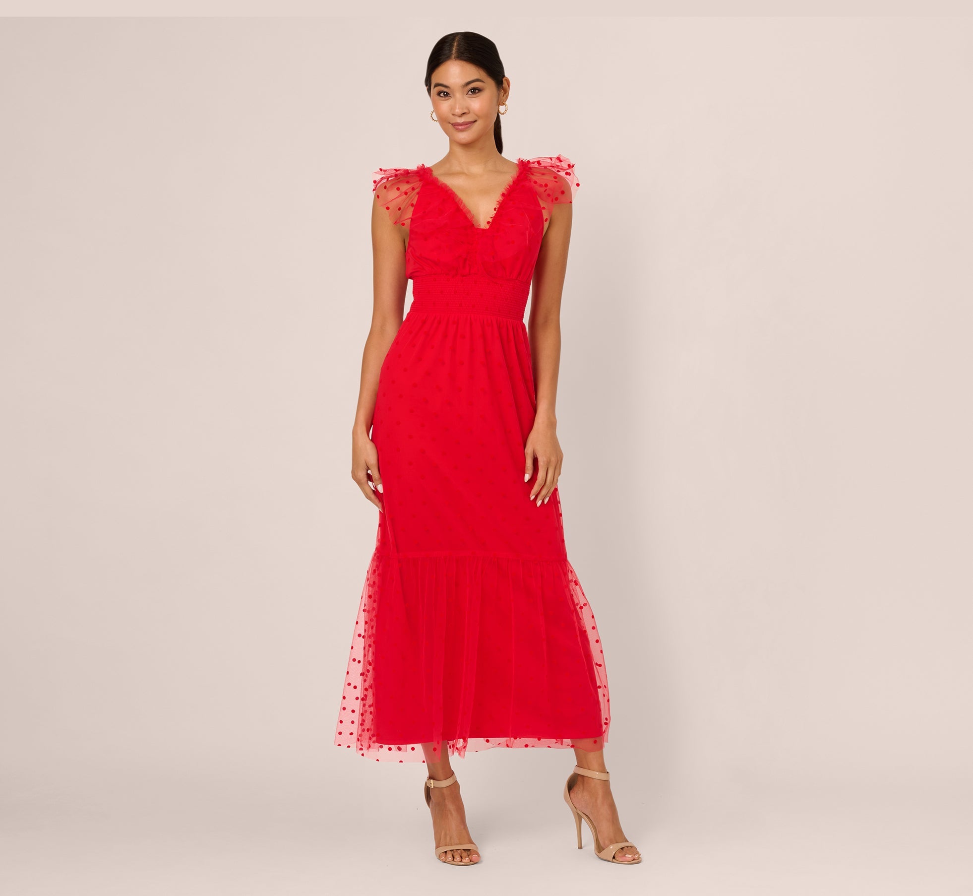 Dot Tulle Ruffle Dress In Red