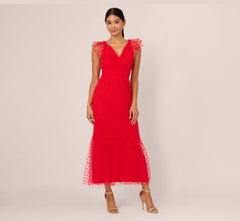 Dot Tulle Ruffle Dress In Red