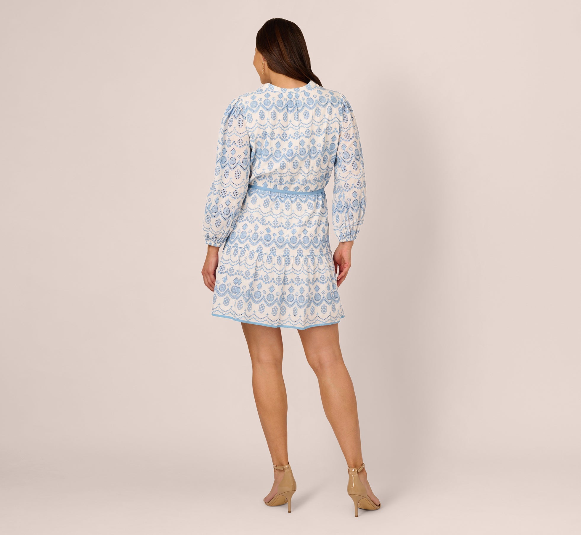 Plus Size Long Sleeve Flounce Eyelet Shirt Dress In Light Blue Ivory