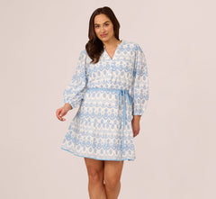 Plus Size Long Sleeve Flounce Eyelet Shirt Dress In Light Blue Ivory