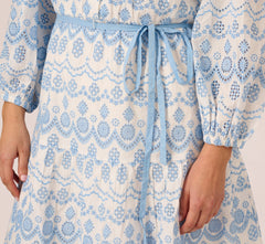 Plus Size Long Sleeve Flounce Eyelet Shirt Dress In Light Blue Ivory