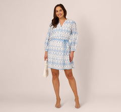 Plus Size Long Sleeve Flounce Eyelet Shirt Dress In Light Blue Ivory