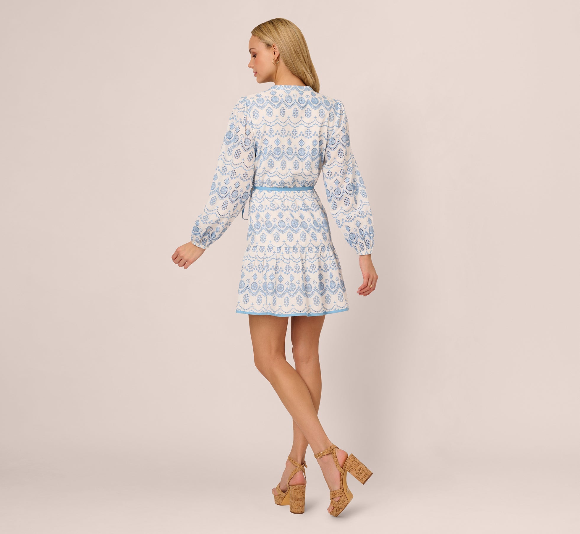 Long Sleeve Flounce Eyelet Shirt Dress In Light Blue Ivory