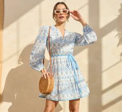 Long Sleeve Flounce Eyelet Shirt Dress In Light Blue Ivory