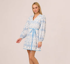 Long Sleeve Flounce Eyelet Shirt Dress In Light Blue Ivory