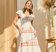 Embroidered Flutter Sleeve Tiered Midi Dress In Ivory Red Multi