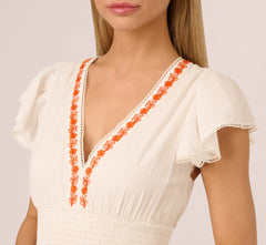 Embroidered Flutter Sleeve Tiered Midi Dress In Ivory Red Multi