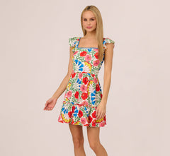 Square Neck Floral Ruffle Short Dress In Ivory Multi