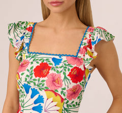 Square Neck Floral Ruffle Short Dress In Ivory Multi