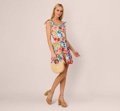 Square Neck Floral Ruffle Short Dress In Ivory Multi