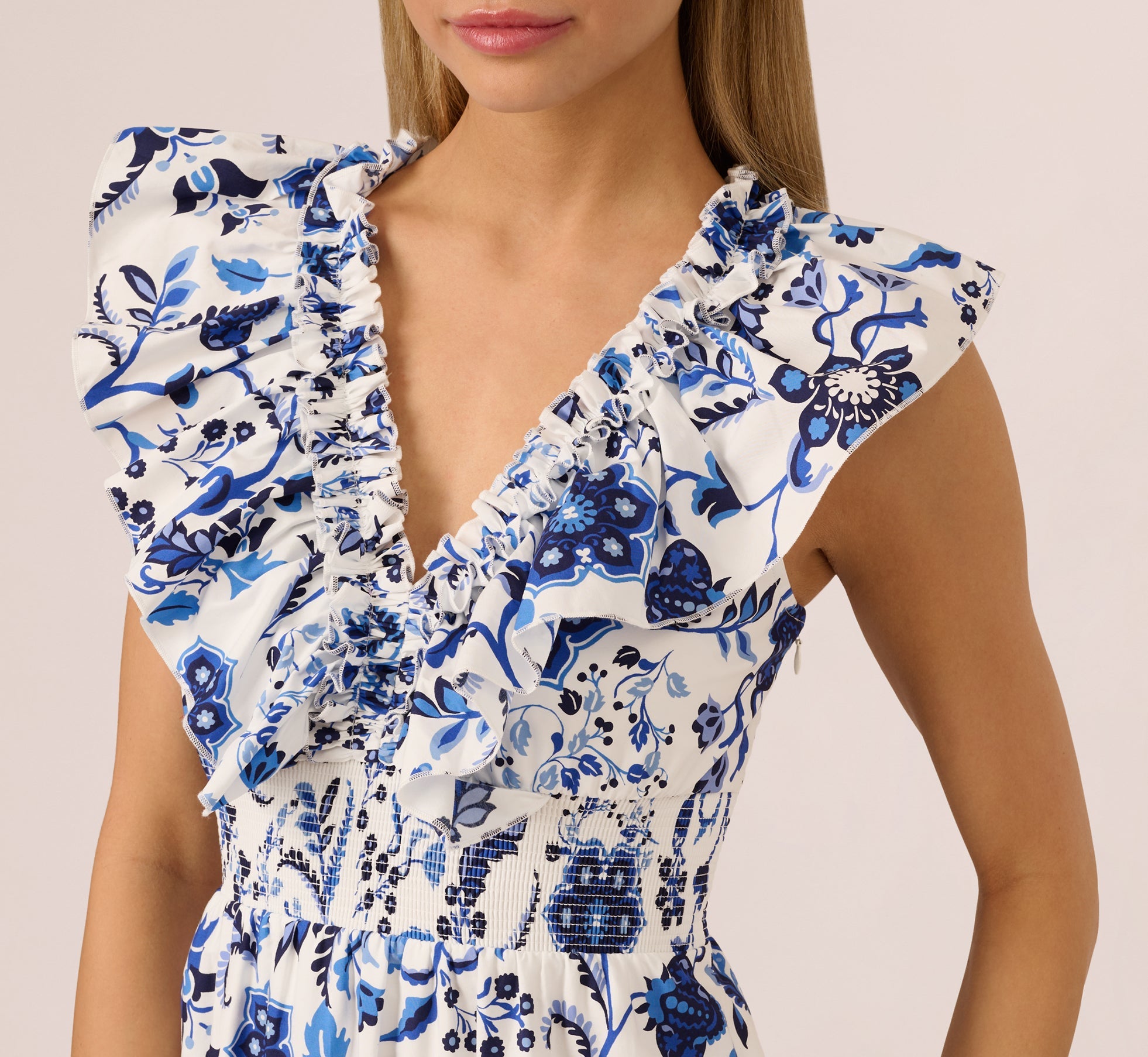 Sleeveless Ruffle Collar Printed Midi Dress In White Blue Multi