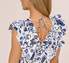 Sleeveless Ruffle Collar Printed Midi Dress In White Blue Multi