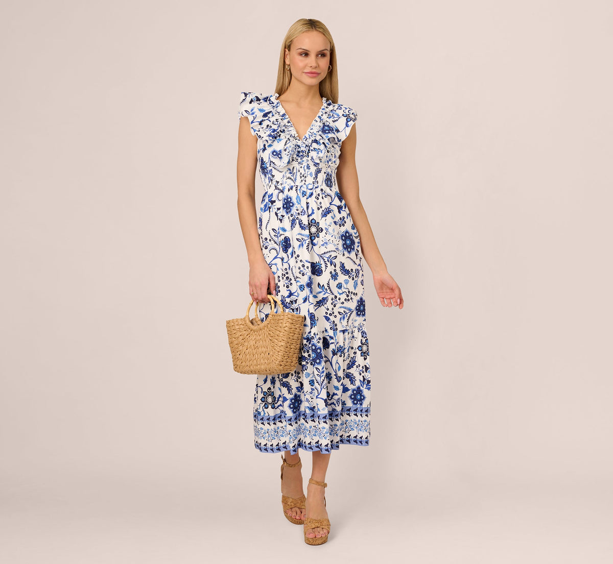 Sleeveless Ruffle Collar Printed Midi Dress In White Blue Multi