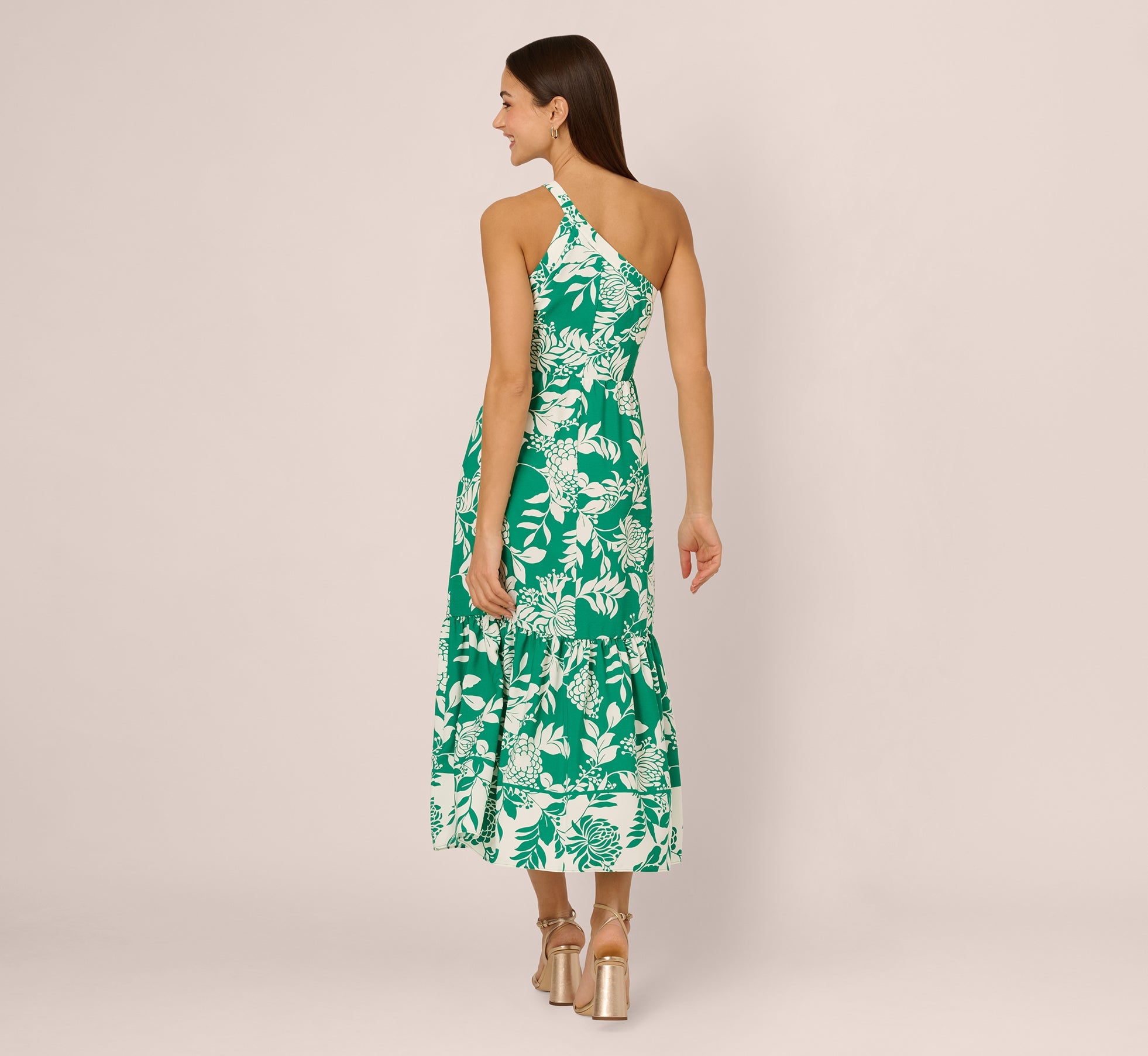 One Shoulder Floral Flounce Midi Dress In Green White