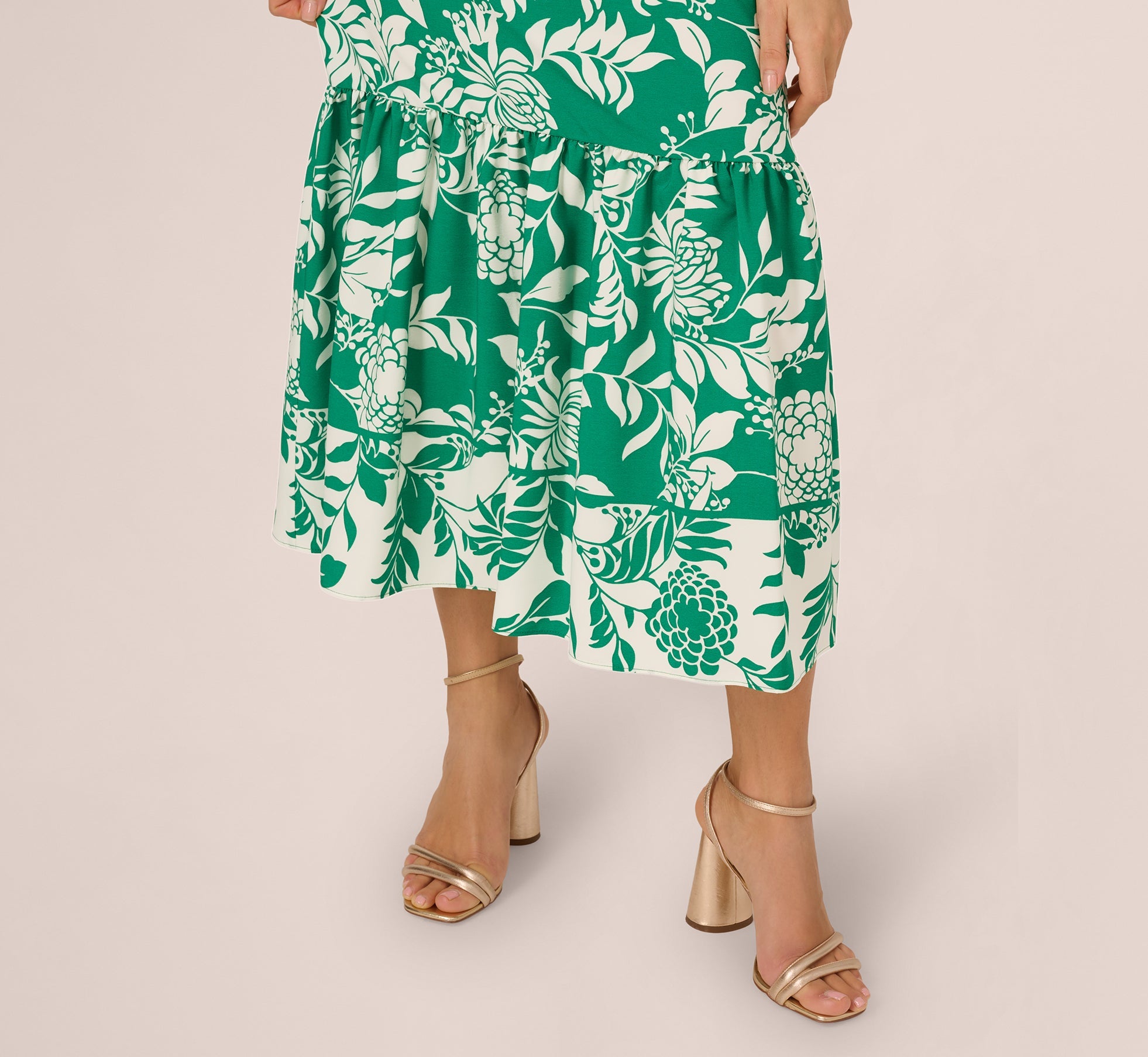 One Shoulder Floral Flounce Midi Dress In Green White