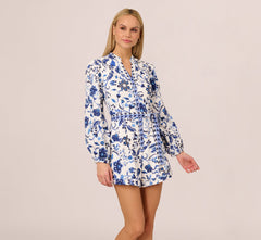 Long Sleeve Tie Front Floral Romper In White Blue Multi