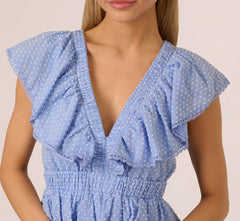 Polka Dot Ruffle Flounce Short Dress In Chambray Blue