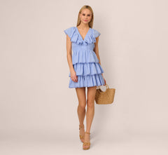 Polka Dot Ruffle Flounce Short Dress In Chambray Blue